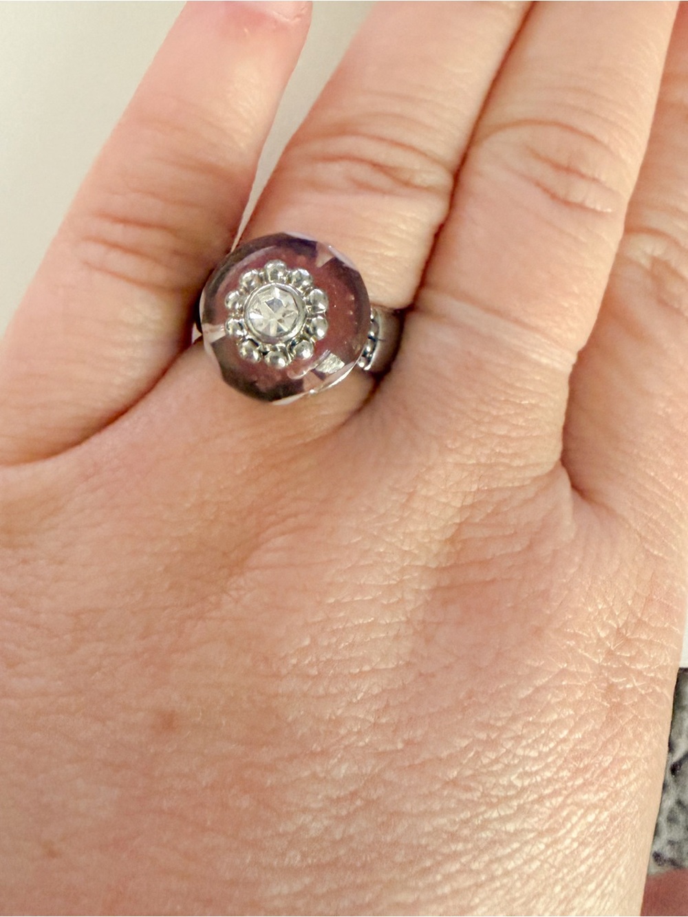 Silver Crystal Floral Dome Ring - Silver